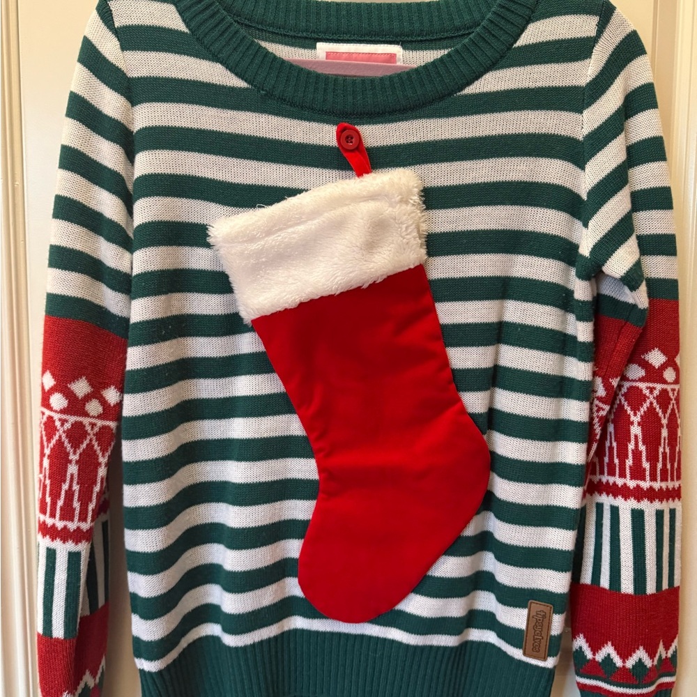 Tipsy Elves Green and Red Striped Sweater with Stocking